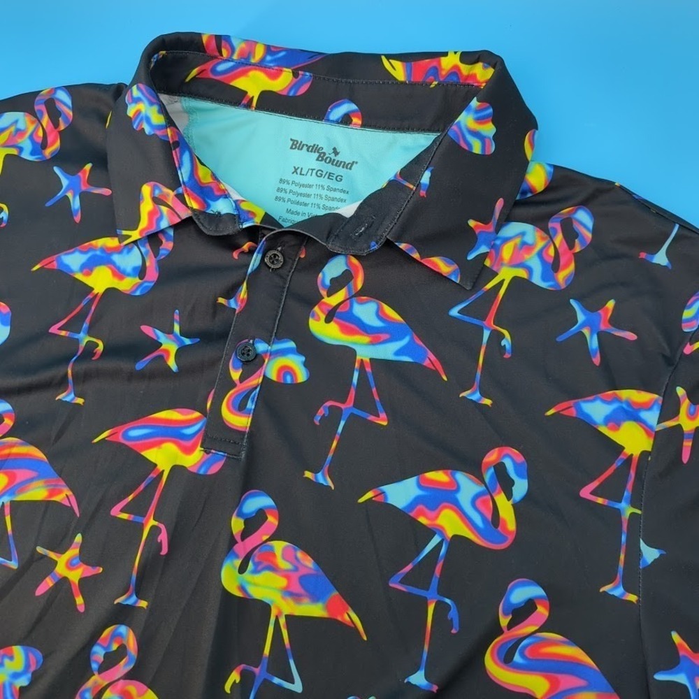 Birdie Bound Flamingo Golf Polo Mens XL Black Rainbow Neon Tropical Performance